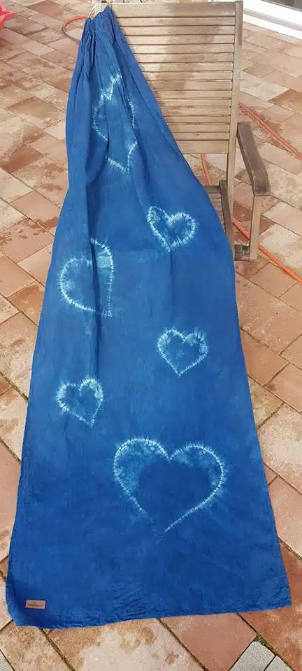 hearts in blue babywearing sling handmade and plant dyed